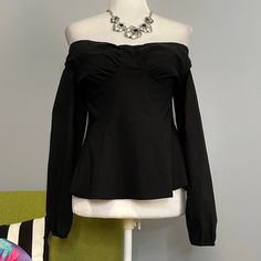 Topshop Black Bengaline Bardot Off The Shoulder Blouse Top New Us 8 -Long Sleeve Blouse Top With Bardot Off The Shoulder Neckline -Black Fabric With Stretch -Peplum Flared Bottom -Us Size 8 Uk Size 12 -New With Tags Nwt Fitted Off-shoulder Blouse For Night Out, Fitted Off-shoulder Blouse For Work, Fitted Padded Blouse For Date Night, Stretch Long Sleeve Blouse For Date Night, Long Sleeve Black Blouse For Brunch, Black Long Sleeve Blouse For Brunch, Off-shoulder Fitted Top Blouse For Party, Party Off-shoulder Fitted Blouse, Fitted Off-shoulder Blouse For Party