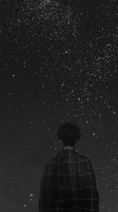 a man looking up at the stars in the night sky with his back turned to the camera