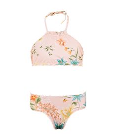 Our charming little girl's bikini in the beautiful Botanica floral print, is a perfect blend of style and comfort. This set features a high-neck top that ties gracefully at the back of the neck, paired with a classic scoop bottom. Both pieces are adorned with sweet ripple edges, adding a delicate and feminine touch to the design. Animal Print Outfits, Kids Swim, Bikini Style, Lace Outfit, High Neck Top, Kids Swimming, Dress Cover, Beach Days, Our Kids