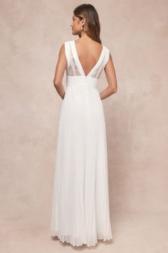 Begin your everlasting love story feeling oh-so-perfect in the Lulus Gorgeous Forever Ivory Chiffon Lace Pleated Backless Maxi Dress! This stunning gown features an airy, woven chiffon composition that shapes a princess-seamed bodice (with a floral lace overlay), a plunging V-neckline with a matching deep V-back, and pleated details at the neckline and cuffs. A pleated, banded waist sits atop an accordion-pleated, A-line skirt that cascades down to an elegant maxi hem. Hidden back zipper/clasp. V-neck Pleated Bodice Chiffon Wedding Dress, Chiffon Maxi Dress For Wedding With Lined Bodice, Chiffon Maxi Dress With Lined Bodice For Wedding, Flowy Chiffon Wedding Dress With Pleated Bodice, Floor-length Chiffon Wedding Dress With Pleated Bodice, Wedding Chiffon Dress With Pleated Bodice, Flowy Chiffon Dress With Pleated Bodice For Wedding, White Chiffon Bridesmaid Dress, V-neck Maxi Dress With Sheer Bodice For Wedding