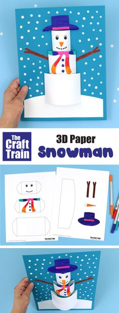 a paper craft snowman scene with a 3D effect Printable Winter Crafts For Kids, 3d Snowman Craft, Paper Snowman Craft, Boxes Craft, Paper Snowman, Easy Winter Crafts, Winter Art Lesson, Snowman Craft