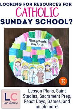 a paper plate with the words catholic sunday school on it and an image of children's faces