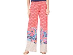 Lilly Pulitzer Bal Harbour Palazzo - Women's Casual Pants : Coral Spritz Beach Bungalow Engineered Pant : The Lilly Pulitzer Bal Harbour Palazzo will be your go-to for comfort and ease. Pull-on design with a high-rise elasticized waistband. Allover eye-catching print with a loose fit. Free of pockets. 77% viscose, 23% polyester. Machine wash, line dry. Imported. Measurements: Waist Measurement: 30 in Outseam: 42 in Inseam: 32 in Front Rise: 9 in Back Rise: 12 in Leg Opening: 22 in Product measur Beach Pants With Printed Pattern, Vacation Rayon Printed Pants, Beach Patterned Printed Pants, Beach Season Rayon Bottoms With Elastic Waistband, Vacation Printed Rayon Pants, Spring Printed Rayon Bottoms, Rayon Bottoms With Elastic Waistband For Beach Season, Elastic Waistband Rayon Bottoms For Beach Season, Printed Rayon Beach Bottoms