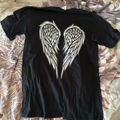 Black Cotton T Shirt With Large White Angel Wings On The Back, Short Sleeves, Adult Size Small, Never Worn Before Casual Crew Neck Tops From Amazon, Casual Amazon Crew Neck Tops, Casual Amazon Short Sleeve Top, Casual White Tops From Amazon, Casual White Top From Amazon, Casual White Tops By Amazon, Casual White Amazon Top, Black And White Angel Wings, Y2k Shirts