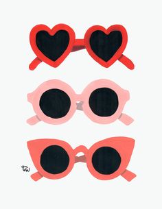 three pairs of heart shaped sunglasses with black and pink frames on top of each one