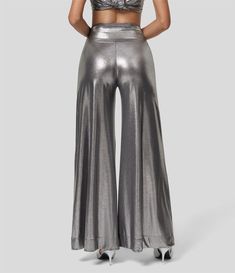 Women’s Cloudful™ Shine Fabric High Waisted Wide Leg Metallic Foil Print Stretchy Party Faux Leather Pants - HALARA Party Pants, Bleach Wash, Metallic Foil, Faux Leather Pants, Foil Print, Wide Leg Trousers, High Waisted Pants, V Shape, Wide Leg Pants