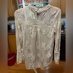 Long Sleeve Lace Blouse , The Body Has A Liner., It’s Sheer At The Top And The Sleeves, Very Cute! Casual Long Sleeve Lace Top For Brunch, Lace Top Long Sleeve For Brunch, Long Sleeve Tops With Lace Trim For Brunch, Long Sleeve Tops With Lace Trim For Day Out, Long Sleeve Lace Trim Top For Brunch, Long Sleeve Top With Lace Trim For Brunch, Beige Long Sleeve Blouse With Lace Top, Long Sleeve Beige Blouse With Lace Trim, Casual Cream Long Sleeve Lace Top