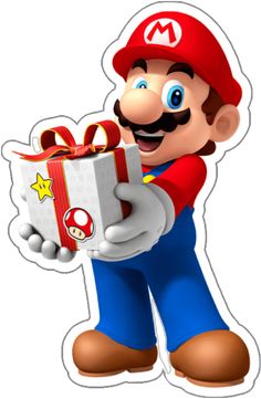 an image of mario holding a gift box