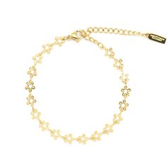 Crafted with high quality materials, this adorable bracelet features a string of delicate golden flowers, each one delicately crafted with intricate details. The soft gold tones of the flowers add a touch of warmth to any ensemble and its lightweight construction makes it comfortable to wear all day. Product Details Water friendly, stainless steel and gold plated Length: 6" + 2" extension Small Wonder, June Birthstone Jewelry, Gifts For New Mums, Pearl Jewellery Earrings, Men's Jewelry Rings, Cute Bracelets, Evil Eye Jewelry, Pink Bracelet, Eye Jewelry