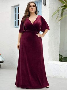 Color=Burgundy | Elegant Double V Neck Velvet Party Dress-Burgundy 2 Maxi Evening Dress, Velvet Evening Dress, Velvet Bridesmaid Dresses, Vintage Plus Size, Plus Size Formal, Velvet Maxi Dress, Velvet Maxi, Plus Size Formal Dresses, Evening Dresses Plus Size