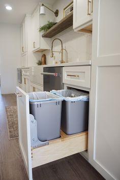 two trash cans sitting in the middle of a kitchen under cabinetry with open doors