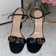 Gucci Block Heels. Pre Loved. Good Condition. Black And Gold. Size 40.5 Shoes Gucci, Gucci Shoes, Black And Gold, Women's Shoes Sandals, Block Heels, Sandals Heels, Shoes Sandals, Size 10, Gucci