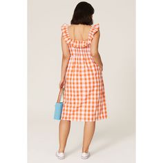 Orange gingham (100% Cotton). Hourglass. Flutter sleeves. Square neckline. Invisible center back zipper closure. Hook-and-eye closure. Partially lined. Side pockets. 36" from shoulder to hemline. Imported. Color Me Courtney, Orange Gingham, Rent The Runway, Closet Designs, Gingham Check, Square Necklines, Flutter Sleeves, Square Neckline, Flutter Sleeve