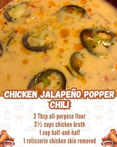 the menu for chicken jalapeno popper chili