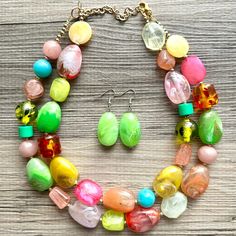 "Dress up any outfit - great for a night out or with a white tee! 17 Inch Necklace with a 4 inch silver extender chain and silver lobster clasp. This is made with lime, pink, and coral acrylic beads. We add fun geometric yellow beads too.  Earrings are a 2\" drop, matching lime green bead earrings.  Thank you for supporting American small business! *Smoke and pet free home!* I ship 6 days a week! This particular necklace is READY TO SHIP! Thank you for browsing my store!" Spring Party Jewelry With Colorful Beads, Pink Resin Jewelry For Summer, Summer Pink Resin Jewelry, Green Necklaces For Summer Parties, Multicolor Resin Jewelry For Party, Fun Multicolor Spring Jewelry, Casual Colorful Beaded Jewelry For Party, Trendy Neon Jewelry For Party, Fun Yellow Party Jewelry