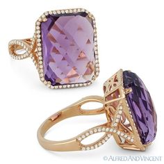 The featured ring is cast in 14k rose gold and showcases a checkerboard cushion purple amethyst gemstone accentuated by round cut diamonds set along the rectangle halo & halfway along the bands. Your purchase will include a 30-Day Exchange or Money Back Guarantee, Free US Shipping, & Free Resizing. Please email us if you need any more info regarding this listing. Size: one size.  Gender: female.  Age Group: adult. Amethyst Jewellery, Color Rings, Colored Stone Rings, Masonic Ring, Purple Diamond, Solitaire Pendant Necklace, Purple Jewelry, Diamond Jewelry Designs, Diamond Cocktail Rings