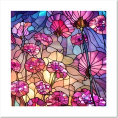 a stained glass window with pink flowers in the center and purple petals on the outside