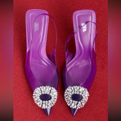 Zara Nwt Embellished Vinyl Heeled Shoes. Price Firm! Slingback Shoes, Pointed Toe Heels, Shoes Color, Zara Shoes, Color Purple, Shoes Women Heels, Shoes Heels, Zara, Size 6