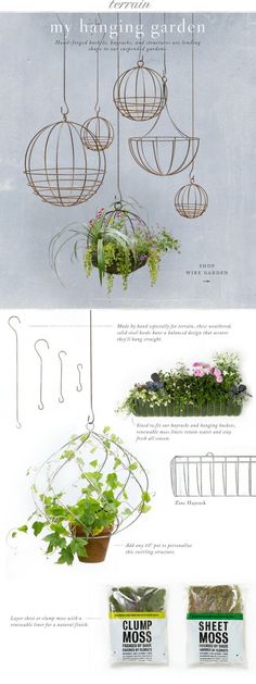 several different types of hanging planters and pots with plants in them, including one that has