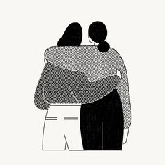 two people are hugging each other in black and white, with the background drawn by hand