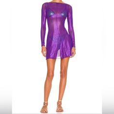 Lame Mini Dress In Purple Oseree Summer Long Sleeve Mesh Cocktail Dress, Sheer Dresses For Club, Fitted Mesh Beachwear Dress For Spring, Spring Beachwear Mini Dress For Party, Spring Party Beachwear Mini Dress, Beachwear Style Evening Dress In Mini Length, Spring Beachwear Mini Dress For Night Out, Long Sleeve Beachwear Dress For Party, Sheer Beachwear Dress For Party