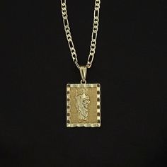 -Gold plated necklace. -Pendant Measurement: 2.5CM long x 1.7 cm wide -You can choose the chain length -3MM Figaro chain included Rectangular Pendant Necklace With Box Chain, Gold Necklace With Box Chain And Rectangular Pendant, Gold Plated Figaro Chain Charm Necklace With Pendant, Gold Plated Charm Necklace With Figaro Chain Pendant, Figaro Chain Medallion Necklace Gift, Figaro Chain Necklace With Medallion As Gift, Figaro Chain Pendant Necklace For Gift, Pendant Necklace With Figaro Chain As Gift, Figaro Chain Pendant Necklace As Gift