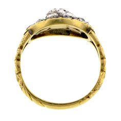 Featuring Rose cut diamonds ranging from 1.5 - 4.0mm, in an open work cluster design with engraved floral band, fashioned in 18k yellow gold & silver. Circa 1820. Size 8. This authentic antique ring is an ethical choice for the environmentally conscious bride & groom. Set with conflict free diamonds. Vintage Marquise Engagement Ring, Cluster Design, Pearl And Diamond Necklace, Engagement Rings Marquise, Antique Ring, Environmentally Conscious, Diamond Drops, Diamond Cluster Ring, Vintage Engagement