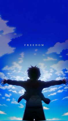 an anime character with his arms outstretched in front of a blue sky and white clouds