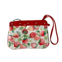 Adorable wristlet purse wallet with a picturisque harvesting strawberrie season. Measures approx 7"W x 5"H Gender: female.  Age Group: adult. Fresh Strawberries, Wristlet Purse, Cloth Bags, Handbag Accessories, Purse Wallet, Strawberries, Shoes Jewelry, Wallets, Jewelry Accessories