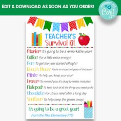 a printable poster with the words, principals survival kit and an apple on it