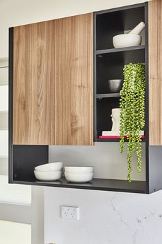 a kitchen with wooden cabinets and white bowls on the counter top, including a green plant