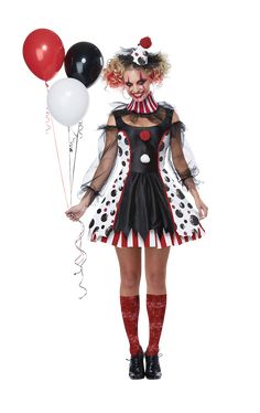 a woman dressed as a clown holding balloons