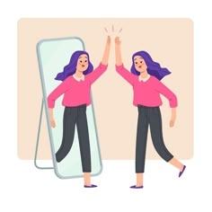 two women standing in front of a mirror with their hands up to each other and one is raising her hand