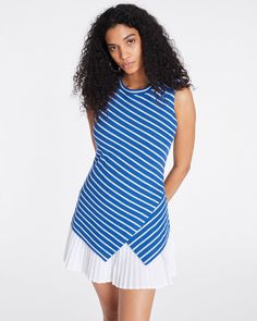 FINAL SALE Fresh for Spring and designed in a luxe piqué stripe jersey, the Regina Dress is an effortless mini with a novel twist. Featuring a diagonal striped dress over a solid pleated underlay skirt, Regina is pre-styled and ready to take you from day-to-night. Style the Regina Dress back to your favorite pair of sandals or flats for an elevated daytime look, or with a strappy heel for an evening out. Gia Dress, Future Wardrobe, Oxford Blue, Tanya Taylor, Denim Sweater, Dress Back, Striped Jersey, Flattering Dresses, Knitted Coat