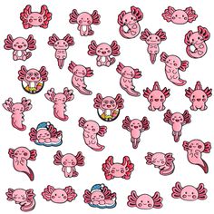 a bunch of pink stickers that are on a white background, with different shapes and sizes