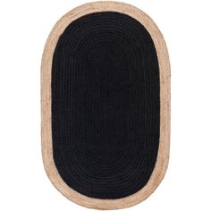 a black and tan oval rug on a white background