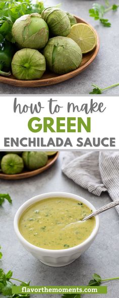 green enchilada sauce in a white bowl with limes and cilantro on the side