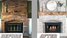 before and after pictures of a brick fireplace