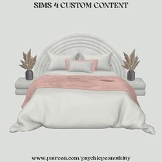 an image of a bed with pillows and blankets on top of it, in front of a gray background