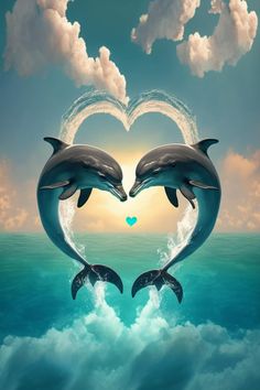 two dolphins making a heart shape in the ocean