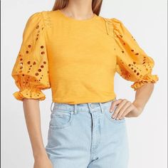 Nwt Express Women Ladies Eyelet Lace Gold Yellow Sleeve Top Balloon Crochet Medium. Brand New With Tag First Time Buying On Poshmark? Use My Code: Sedasfashion To Save $10: Https://Posh.Mk/W6uksbiijab Fall Yellow Crew Neck Blouse, Mustard Crew Neck Top For Spring, Fitted Yellow Crochet Top For Spring, Spring Mustard Crew Neck Top, Yellow Cotton Crochet Top For Spring, Trendy Yellow Crochet Top For Spring, Mustard Tops For Spring Brunch, Mustard Tops For Brunch In Spring, Casual Mustard Tops For Brunch