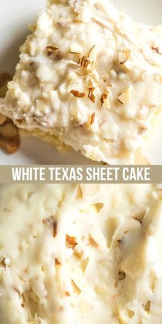 white texas sheet cake with cream cheese frosting and pecans in the middle on a plate