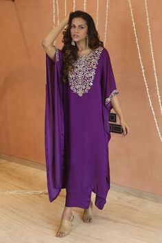 Purple asymmetric hem kaftan with gota and glass beads embroidered yoke. Paired with coordinating solid pant. - Aza Fashions Semi-stitched Kaftan For Designer Wear, Purple Georgette Palazzo Set, Genelia D'souza, Huma Qureshi, Anushree Reddy, Diana Penty, Sanya Malhotra, Rohit Bal, Pant For Women