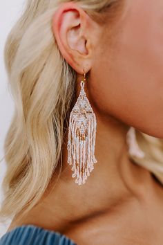 - Show your bubbly side with these beautifully boho beaded earrings! Intricately designed dangling beaded earrings featuring ivory, gold, and pink hues - Hook backs - Size: 4.5 inches Boho Beaded Earrings, Gold And Pink, Block Party, Beaded Earrings, Bubbles, Size 4, Pink, Gold, Beauty