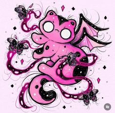 a drawing of a pink and black dragon with butterflies on it's back legs