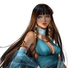 a woman with long brown hair and blue eyes is dressed in an egyptian style outfit