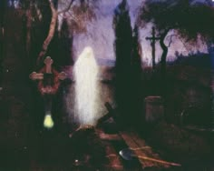 a painting of a ghost standing next to a cross in the dark forest at night