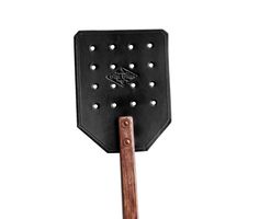 a spatula with wooden handles and holes on the handle is shown against a white background