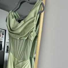 Pistachio Asymmetric Drape Midi Corset Dress, Only Worn Once And Dry Cleaned! Fitted Green Dress With Asymmetrical Neckline, Sage Sleeveless Fitted Dress, Sage Fitted Sleeveless Dress, Green Draped Fitted Mini Dress, Fitted Green Draped Mini Dress, Sage Fitted Party Dress, Fitted Sage Party Dress, Fitted Green Draped Midi Dress, Green Fitted Asymmetrical Dress