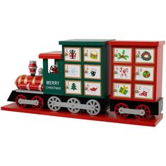 a wooden toy train with christmas decorations on it's sides and the words merry